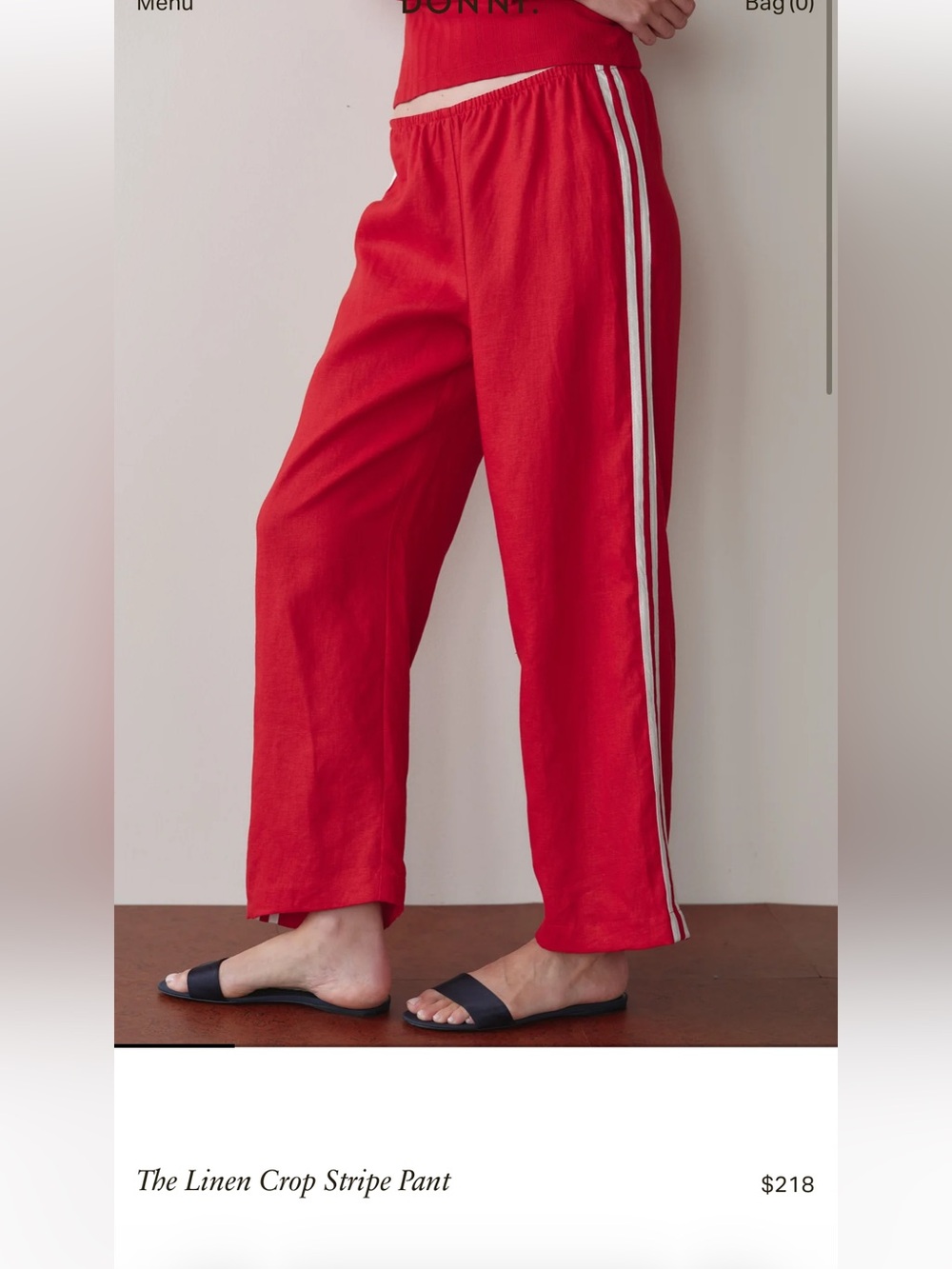 DONNI. Linen Cropped Stripe Track Pants size Small in Bell Pepper Red